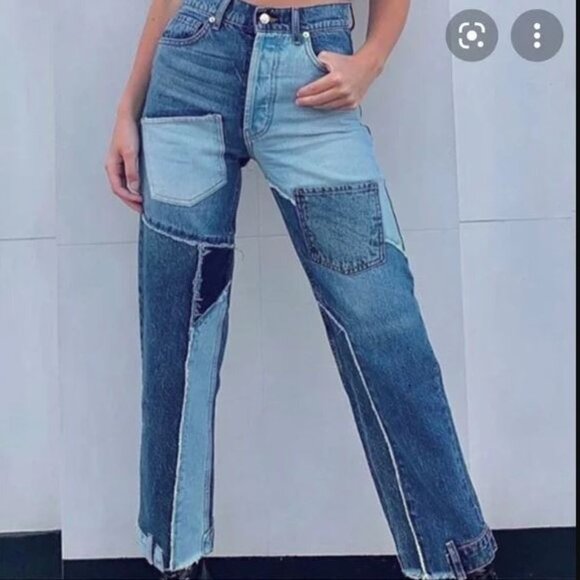Revice Denim Patchwork Jeans Frayed Hem Straight Leg Size 24 Blue - Picture 1 of 4